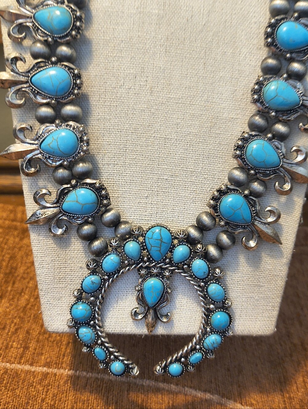 Vtg SW Squash Blossom Necklace Antiqued Silver Plated Pewter Turquoise Magnesite